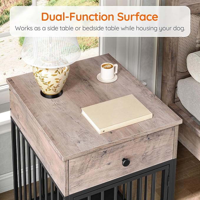 HOOBRO Dog Crate Furniture, Wooden Dog House, Decorative Dog Kennel with Drawer, Indoor Pet Crate End Table for Small Dog, Steel-Tube Puppy Cage, Chew-Proof, Greige BG01GW03