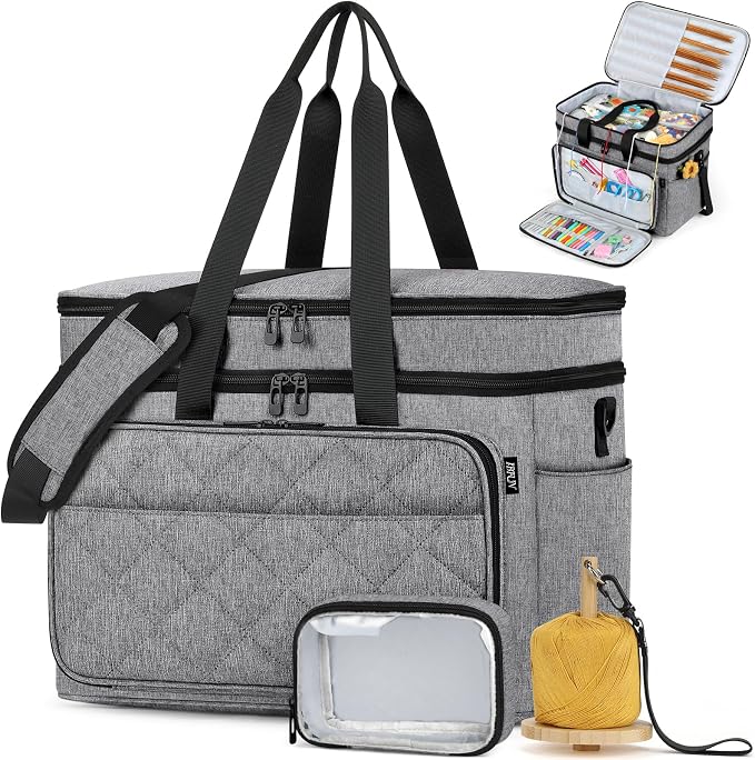 Crochet Organizer Bag with Yarn Holder, Large Yarn Storage for Accessories | 3PCS Crochet Knitting Bag with Accessory Pouch for Hooks, Needles, Travel Tote, Crochet Lovers, Gift for Crafters, No-Tangle