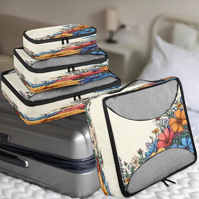 Packing Cubes for Travel, Vintage Floral Travel Luggage Packing Organizers for Women Men, Large Custom Toiletries Bag for Clothes Shoes, Retro Pretty Colorful Flower