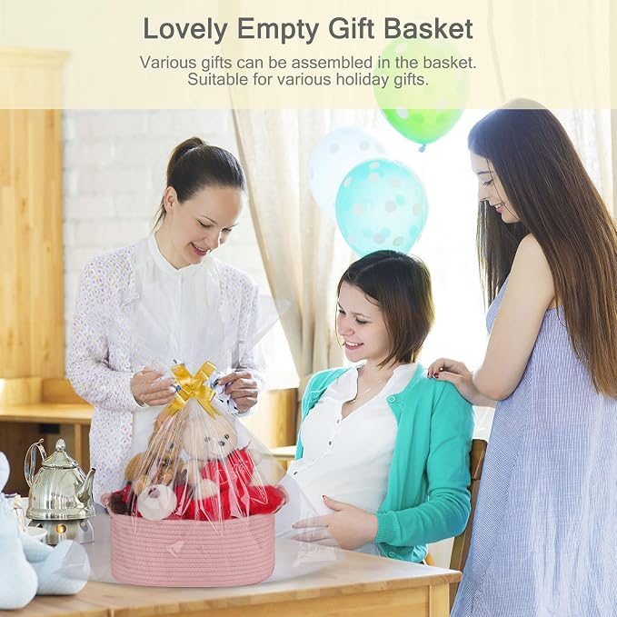 Small Empty Gift Basket with Bag & Ribbons, Dusty Pink | 12“x8”x5”, Cotton Rope Woven Basket for Birthdays, Baby Showers, Mother's Day, Christmas; Stores Small Items, Kids & Pet Toys