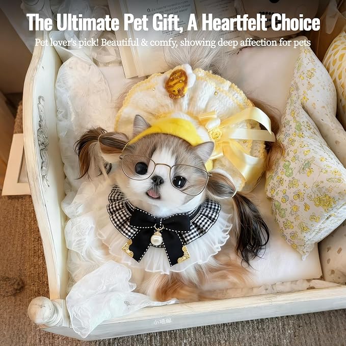 Elegant Lace Cat Collar, Adjustable Pet Bow Tie Bib for Small Dogs and Cats, Cute Princess Pearl Scarf Outfit for Wedding Party Photoshoots（L 11-16.5 lbs）