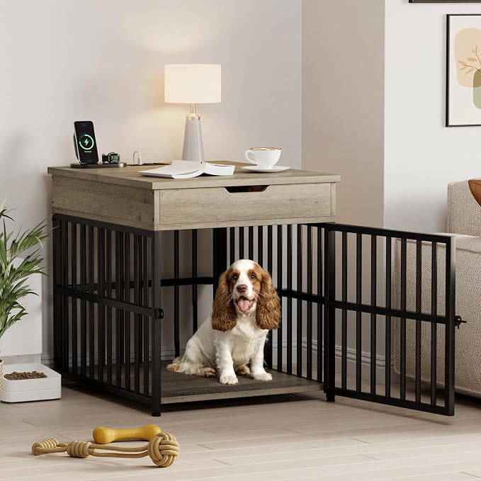 IRONCK Dog Crate Furniture for Small Dogs, Gray | Wooden Dog Kennel with Flip Top Drawer, Indoor Pet Crate End Table with Charging Station, Steel-Tube Dog Cage