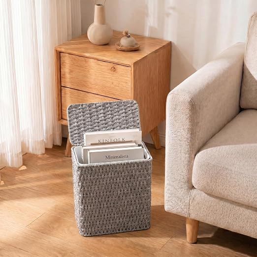 Wicker Trash Can,3 Gallon Bathroom Trash Can with Lid,Handwoven Paper Rope Rattan Waste Basket with Removable Liner and Built-in Handles for Bedroom,Toilet,Narrow Spaces,Grey