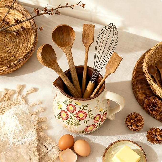 Farmhouse Ceramic Utensil Holder,6.1"Kitchen Counter Utensil Holder | Ceramic Utensil Organizer with Handle for Kitchen Countertop, Vintage Rustic Crock for Home Decor, Flower Pot, Spoon Tools