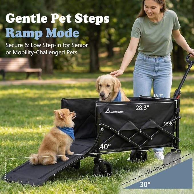 Folding Pet Wagon for Dogs - with Drop-Down Tailgate & Pet Pad | 330lbs Heavy Duty Dog Cart, All-Terrain Collapsible Wagon for Beach, Shopping & Camping, for 1 Medium or 2 Small Puppies