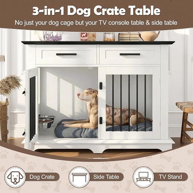 44.48" Large Dog Crate, 3-in-1 Wooden Dogs Crate End Table TV Stand Furniture with 2 Storage Drawers and Rotating Bowls, Decorative Pet House Dog Crates for Small/Medium Dogs, White+Black