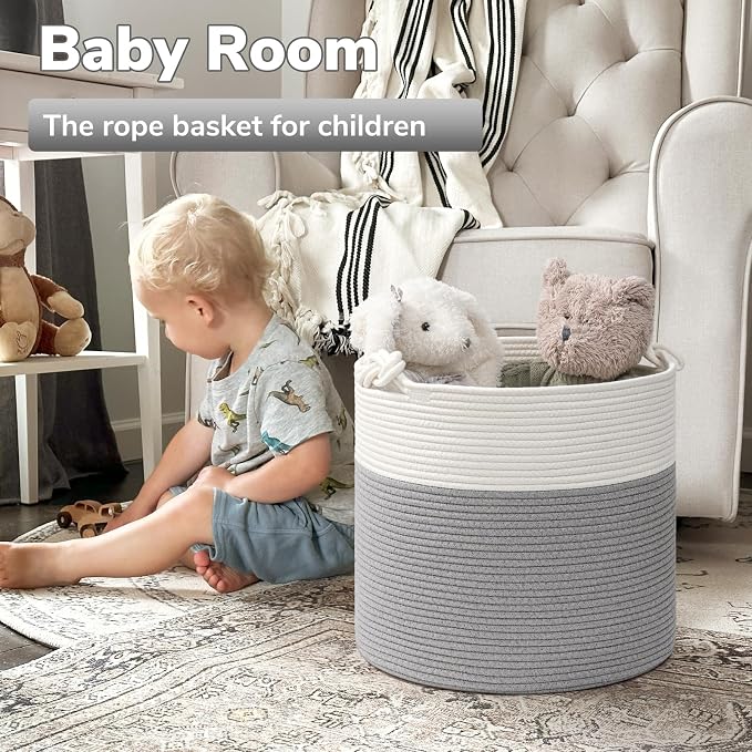 Goodpick Woven Rope Blanket Basket Living Room, 40L, Grey | Small Laundry Basket for Organizing Baby Clothes, Blankets & Pillows, Great for Bedroom Nursery Home Décor
