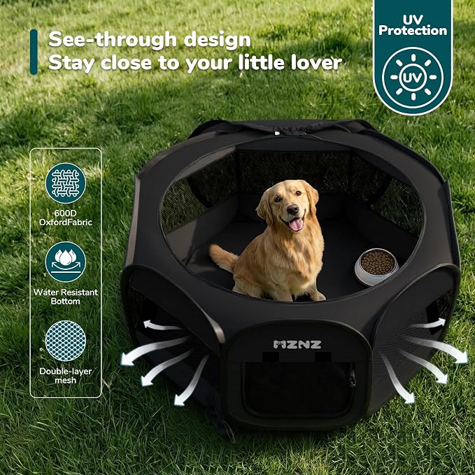 Dog Cat Small Animal Puppy Playpen Crate, Large, Whole Black | Portable Pop Up Pet Cage Enclosure Tent Kennel Indoor Outdoor with Carrying Case, No Assembly, Camping Use