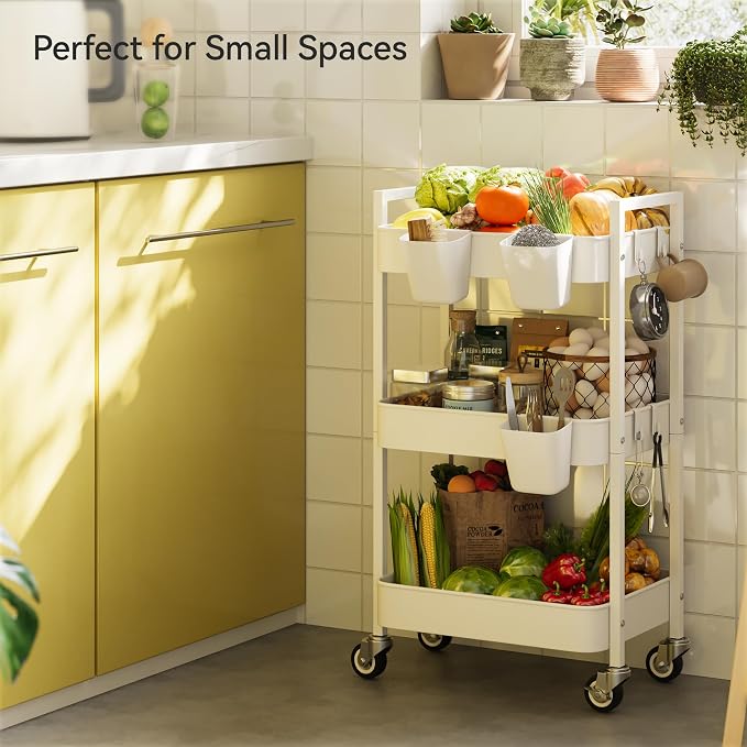 Nunsino 3 Tier Rolling Cart,Utility Cart with Locking Wheels, Hanging Cups,&Hooks, Heavy Duty Metal Storage Organizer Cart for Kitchen,Office, Bathroom,Craft Room,White
