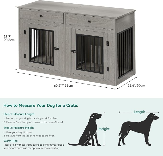 YITAHOME 60" Dog Crate Furniture with Removable Divider & Storage Drawers | Double Door Kennel with Locks for Medium and Large Dogs, Multi-Functional Dog Crate End Table, Grey