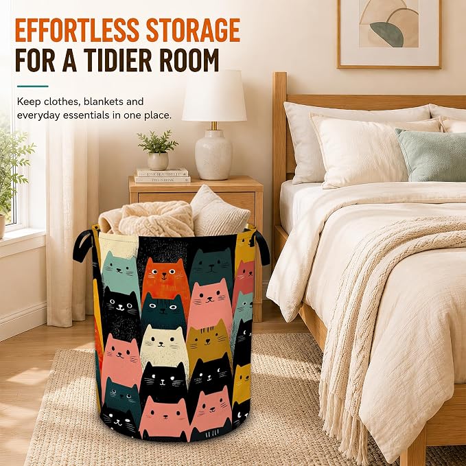 Cute Cat Laundry Basket,Large Collapsible Portable Round Laundry Hamper with Handles,Oxford Storage Bin for Clothes,Blankets,Bedroom,Bathroom
