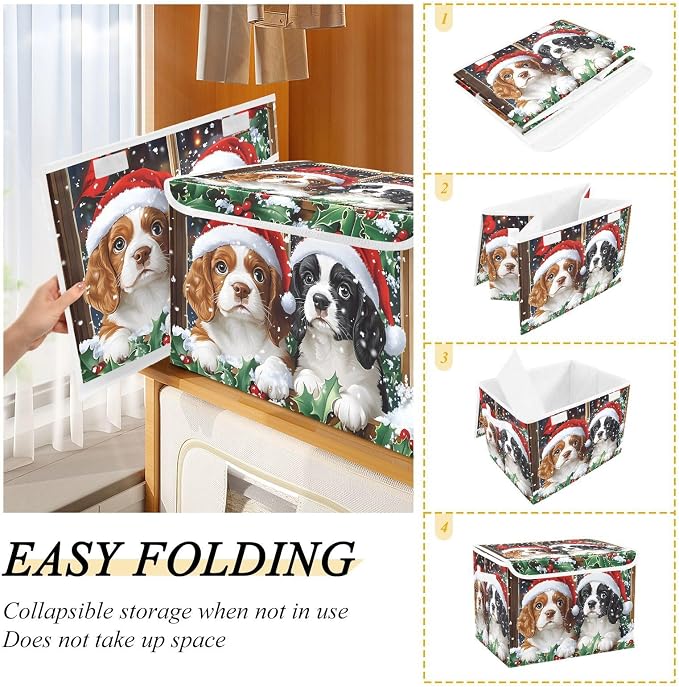 Fabric Storage Bins with Lid Christmas Dog Closet Storage Basket 40L | Decorative Storage Boxes, Foldable & Stackable, Dust-Proof Flip Top, Reinforced Handles, For Home & Dorm, Clothes & Toy Box