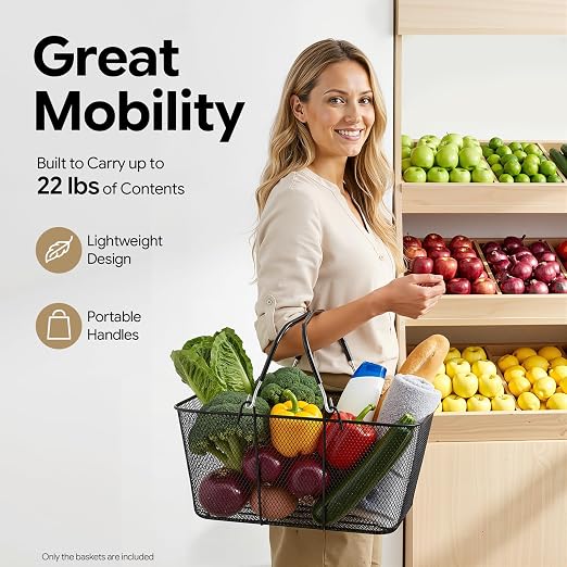 12PCS Shopping Baskets with Handles, 15.7x12x7inch Metal Storage Bins Grocery Baskets, Portable Shop Basket Used for Supermarket, Retail, Bookstore (Black Metal)