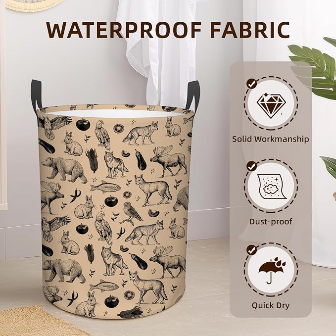Animals Laundry Hamper for Girls Boys, Baby Nursery Laundry Basket for Bedroom, Round Collapsible Waterproof Storage Bin with Handles for Toys, Storage Basket for Clothes, Room Decor, 13.8x17.7in