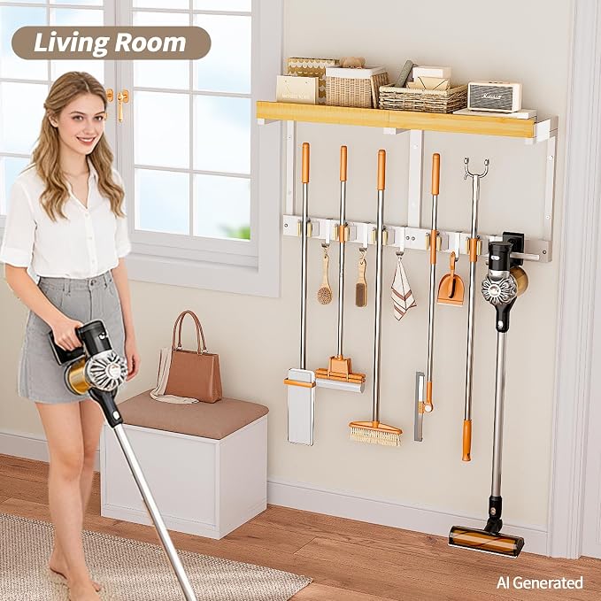 Broom and Mop Organizer Wall Hanging, Broom Hanger Holder Wall Mount | 3-in-1 Mop and Broom Holder Wall Mount with 5 Racks,5 Hooks,Storage Shelf & Vacuum Organizer for Garage,Kitchen,Laundry Room