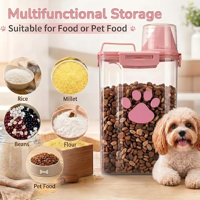 Dog Storage Container with Cleaning Brush and Measuring Cup | Airtight Portable Pet Food Containers with Upgraded Large Spout and Cup for Dogs,Cats,Birds,Small Animals(Pink)