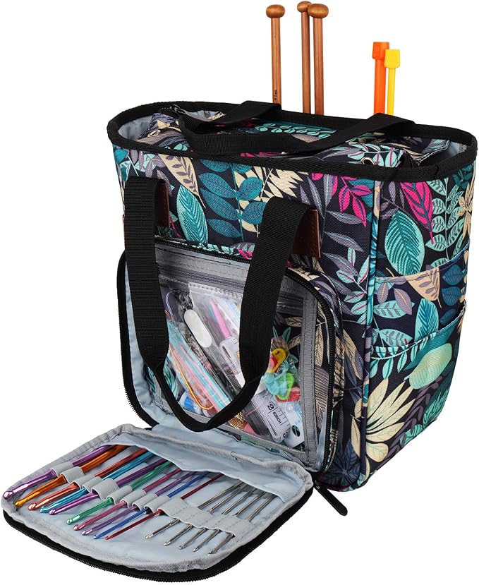 Coopay Crochet Bag w/Shoulder Strap, Yarn Bag Knitting Tote Bag-Forest | Portable Traveling Crochet for Crocheter, Large Capacity Storage Crochet Supplies Yarn Organizers Unfinished Project