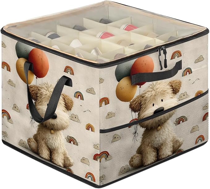 TropicalLife Rainbow Balloon Dog Shoe Organizer for Closet | Foldable Shoe Storage Box Bin 16-32 Pair Shoe Storage for Sneakers, Boots & Heels with Adjustable Dividers, Clear Cover