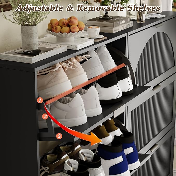 Shoe Storage Cabinet with 6 Flip Drawers, Narrow Wood Shoe Organizer Cabinet with Fluted Panel, Slim Shoe Rack for Entryway, Freestanding Shoe Cabinet for Living Room, Hallway, Black