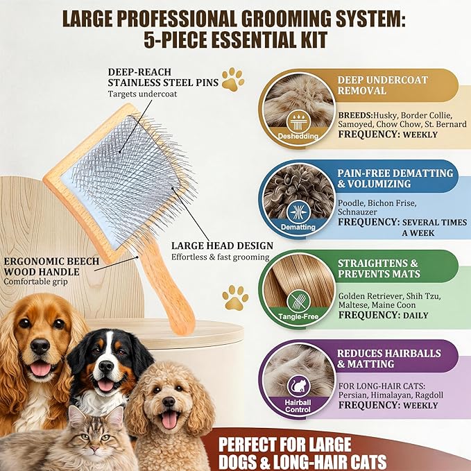 Dog Slicker Brush for Goldendoodles, Poodles & Long Haired Dogs - Long Pin Doodle Brush & Pet Comb Kit Removes Tangles Loose & Knots, Professional Grooming Tools with Wooden Handle, Natural