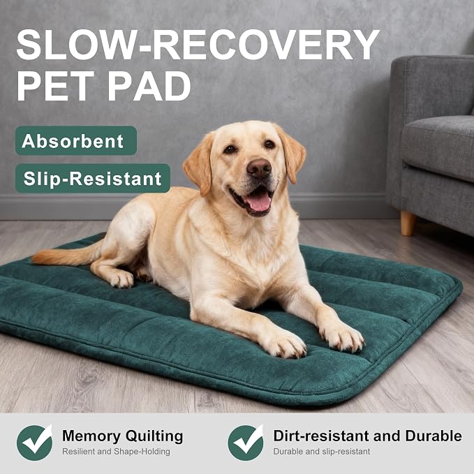 Dog Bed Mat, Reversible Dog Crate Pad with Washable Kennel Mat and Soft Foam, Flat Pet Bed for Dogs & Cats, for Crates Carriers & Travel (Green, 34" L*20" W*1.5" Th)
