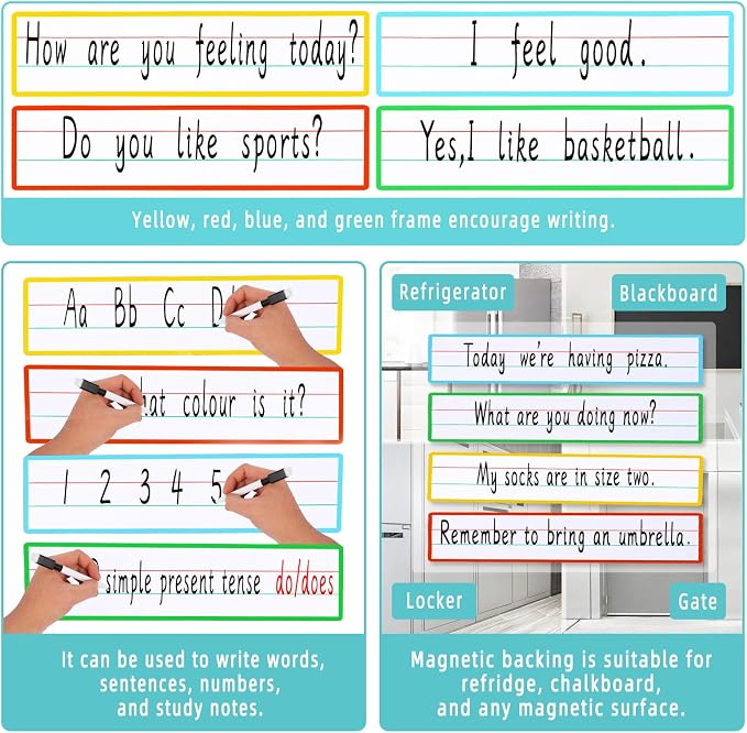 4 Sheet 23.6×5.9inch Dry Erase Magnetic Sentence Strips for Classroom Whiteboard & Fridge Handwriting Lined Paper for Home Teacher Must Haves Word Alphabet Practice Tool