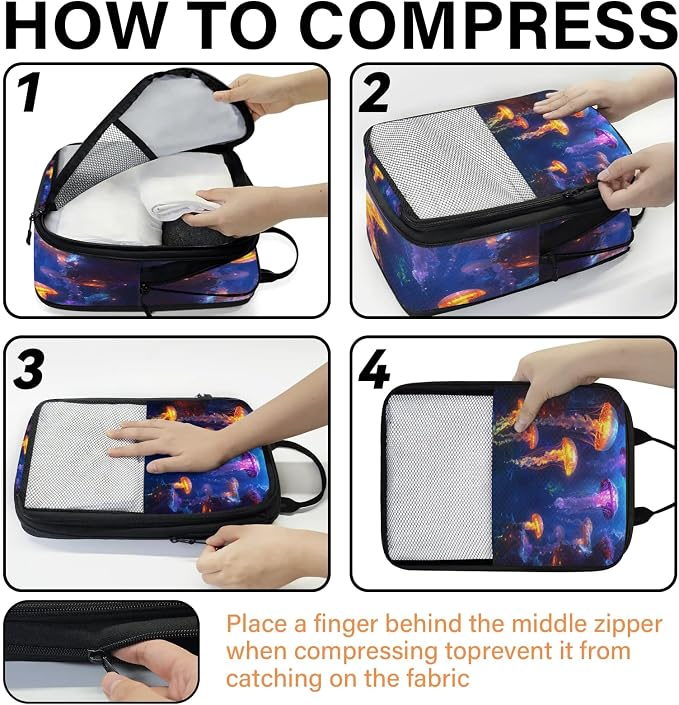 Jellyfish 6 Set Compression Packing Cubes Ocean Animal Expandable Packing Organizer for Travel Accessories Luggage Suitcase Bag