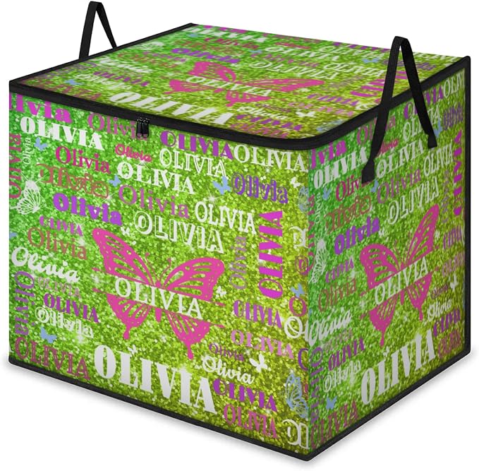 Custom Comforters Storage Basket with Lid, Personalized Name Large Organizer Bin for Pet/Children Toys, Books, Clothes, Perfect for Rooms/Playroom, Bright Lime Yellow Glittert with Butterflies