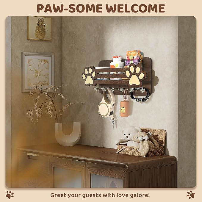MTERSN Dog Leash Holder for Wall with Mail Holder for Pet Lovers,Dark Brown | Acacia Wood, Adorable 3D Paw-print Design, 6 Hooks, Store Treats & Dog Food, Dog Accessories Organizer, Home Organization