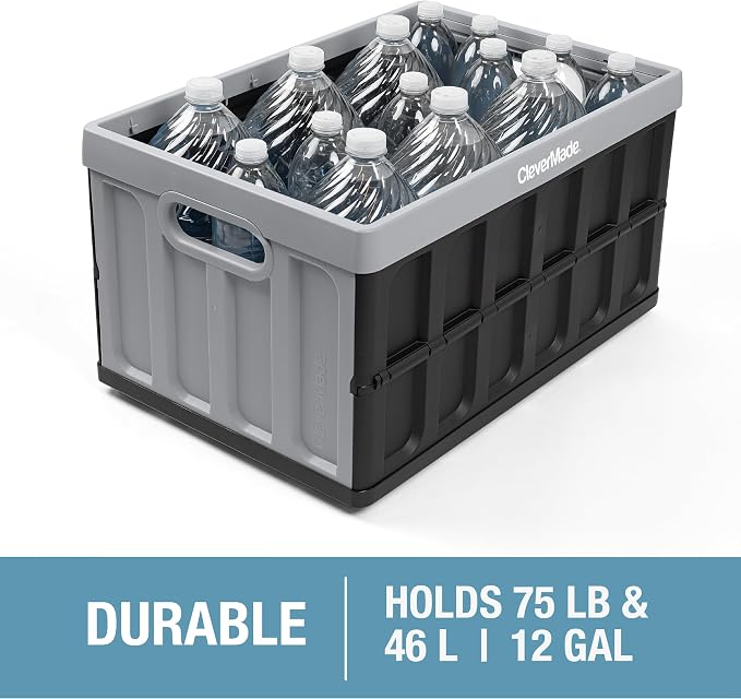 CleverMade Collapsible Storage Bin (With Lid) - 46L - Stone (3PK) | Keep Stored Items Covered and Stackable | Each Bin Holds 75 lb, the Lid Stores Underneath, and the Crate Folds to 2.5 Inches