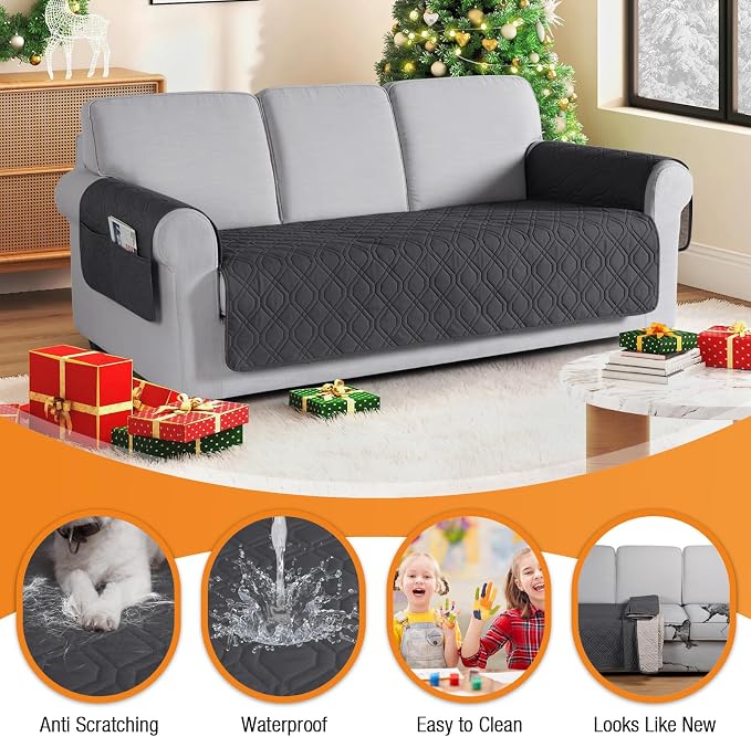 VANSOFY Waterproof Couch Cover for Pets, Charcoal Gray, 72.4" | Non-Slip, Washable, Utility Pockets, Pet Friendly, Furniture Protector Slipcover for 3 Cushion Plus Couch