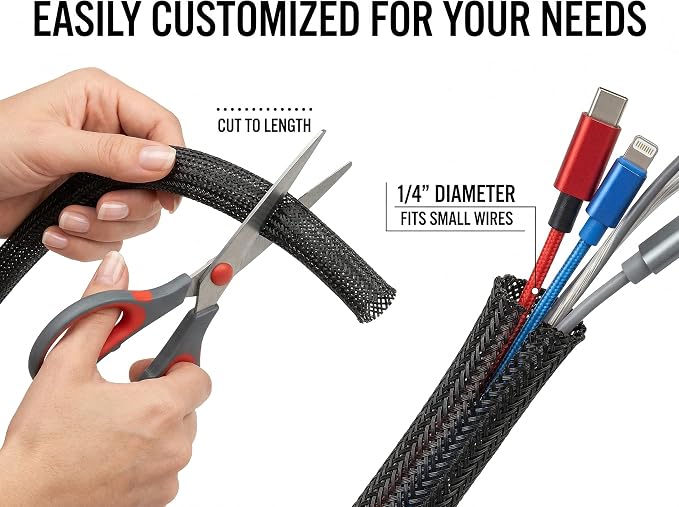 1/4 inch Split Cable Sleeve - 6.5ft Cord Protector Wire Loom Tubing for Pet Proof Cable Management, Black Flexible Wire Wrap for Home Office, Computer, TV & Automotive Electronics