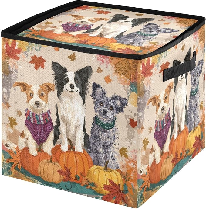 Autumn Pets and Pumpkins Christmas Ornament Storage,Stores up to 64 Holiday Ornament,Adjustable Dividers,Zippered Top,Two Handles Attractive Storage Box Keeps Decorations Clean