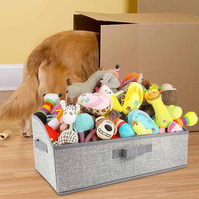 COWOSO Foldable Dog Toy Basket with 3 Handles, Pet Storage Box, Dark Grey | Portable Pet Toy Organizer for Dog Toys & Accessories, Low Front Design, Waterproof Collapsible Storage Bin for Living Room