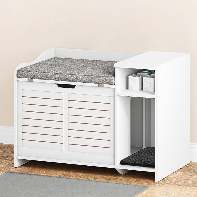 Cat Litter Box Enclosures Large Hidden Cat Litter Box Furniture Enclosure w/Top Opening Door, Wooden End Table Pet House w/Storage Shelf, Cushion & Mat, Dog Proof Design for Easy Cleaning