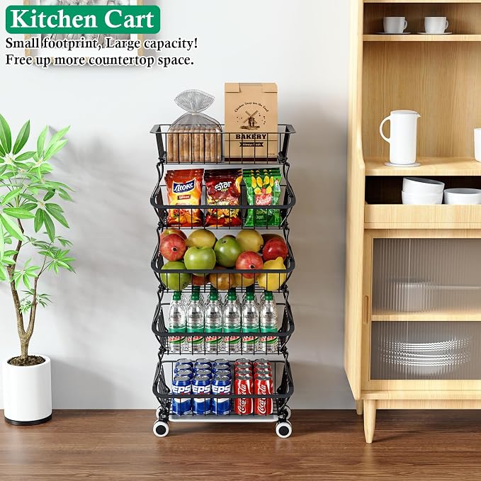 OKZEST 5 Tier Fruit Basket for Kitchen, Stackable Bins Wire Rack with Wheels, Fruit and Vegetable Storage Basket Pantry Food Snack Organizer Shelf, Kitchen Storage Cart for Onion and Potato, Produce | Kitchen pantry organizer rack with dirt catch tray,...