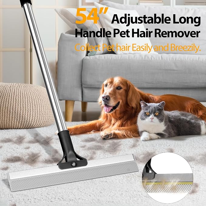 Carpet Rake for Pet Hair Removal Tool,Reusable Hair Remover Broom | Dual-Action Carpet Brush, 2 in 1 TPU and Copper Rake Teeth, 54" Adjustable Long Handle, Dog Cat Fur Broom for Rugs Mats Floor