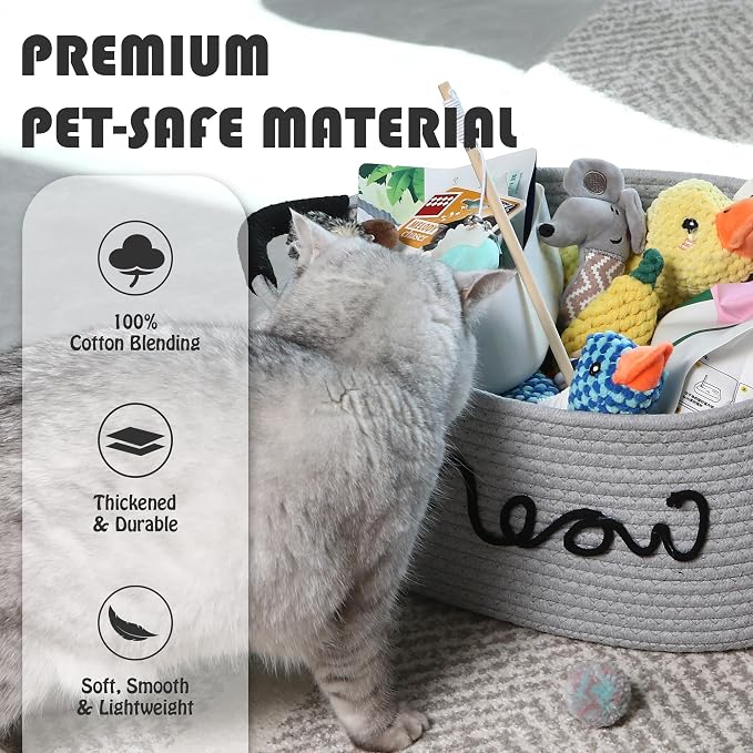 Sea Team Cat Toy Storage Basket with Handles, Gray Meow | Large Cotton Rope Storage Bin, Shelf Basket, Organizer for Pet Chew Toys, Foods, 16.5 x 11 x 7 Inches, 4.4 Gallons
