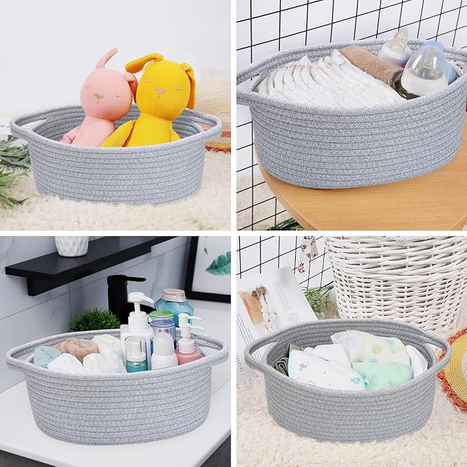 ABenkle Small Basket with Handles, Boho Decorative Rope Woven Dog Cat Toy Storage Bin Shelf Storage Organizer, Easter Christmas Gift Basket, 12"x8"x5"