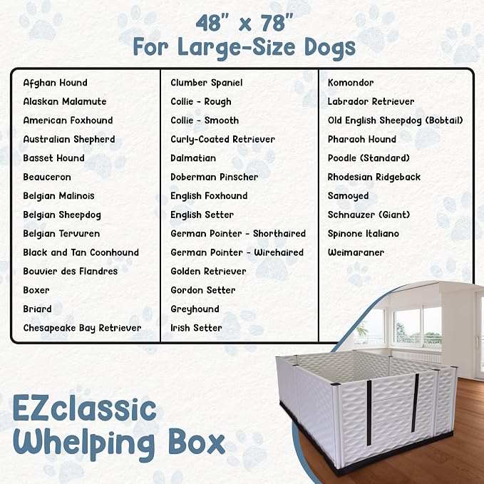EZclassic Dog Whelping Box - Washable Pee Pad, Extra-Large 48x76x28 | Tall 48x76x28 breeder whelping box with high walls, durable customizable panels, quick setup, and easy cleaning