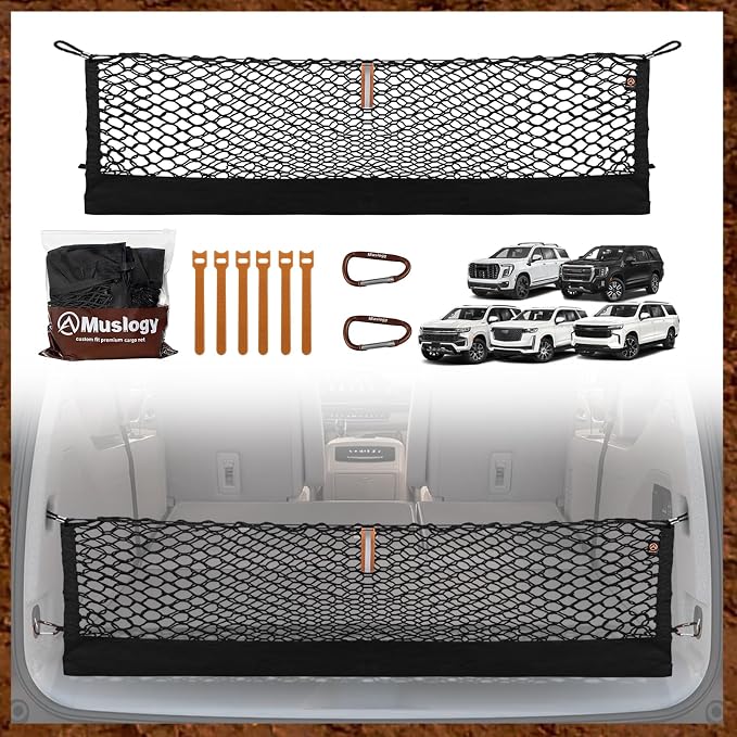 Muslogy Cargo Net for 2021+ Chevy Suburban Tahoe, Yukon&Yukon XL, Escalade | Custom Fit, Trunk Storage Organizer Net for SUV Sedan Van Divider, with Heavy Duty Carabiners, Night Visible Grab Handle