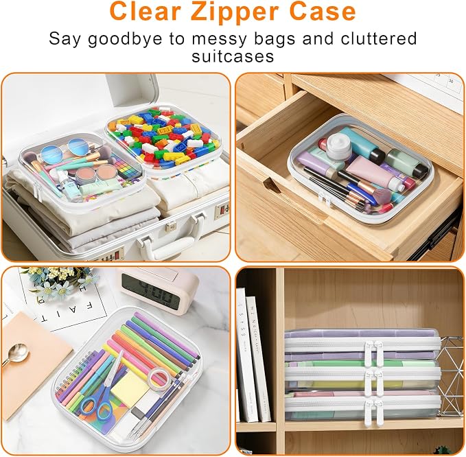 3PCS Clear Hard Shell Zipper Case,9.9*7.9*2in,Travel Toiletry Cosmetic Bags | Crush-Proof Waterproof Clear Zipper Pouches,Multi-Size Storage Box,Stackable Portable Makeup Bag Organizers PET Hard Pouch