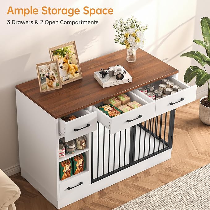47.2'' Large Dog Crate Furniture with Drawers Wooden | with 3 Storage Drawers, Sturdy, Adjustable Shelf for Small, Medium Dogs