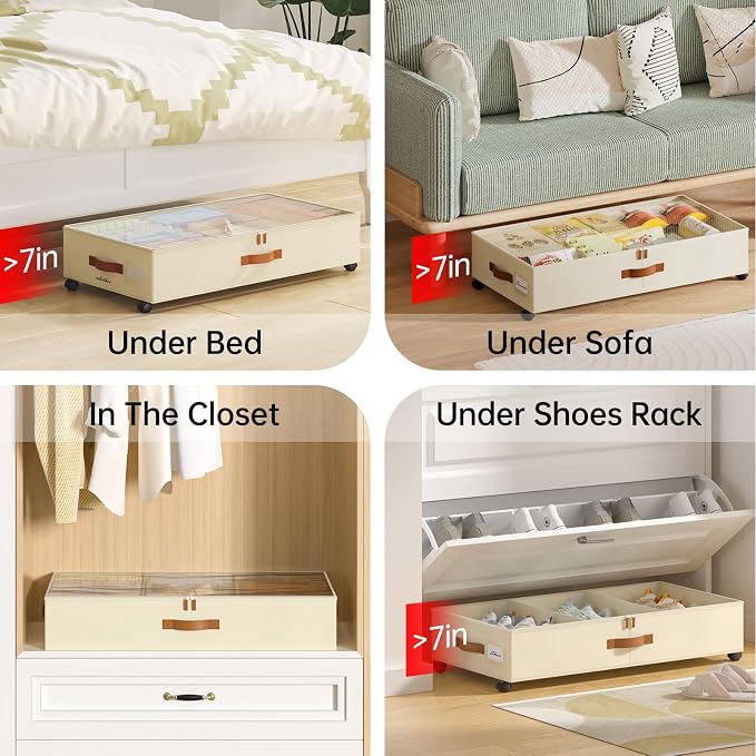 Yecaye Under Bed Storage with Wheels, 2 Pack Under Bed Storage Containers with Adjustable Dividers & Clear Lid, Rolling Underbed Organizer Bins Drawer for Clothes, Shoes, Blankets(30.3 x 16 x 6.7in)