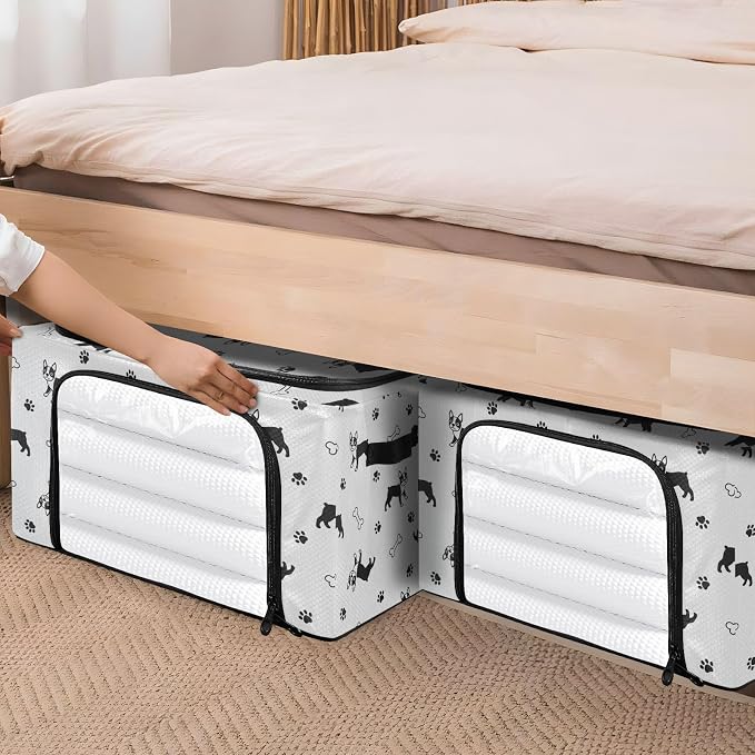 Pets Dogs White pattern Under Bed Storage Containers with Double Zipper Openings, Foldable Clothes Storage Bins with Clear Window and Handles for Bedding Blankets Comforters