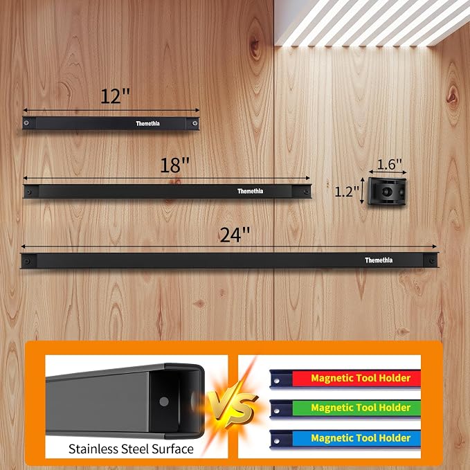 24" Magnetic Tool Holder Strip, 4 Pieces Black Metal Tool Organizer Rack with Stainless Steel Surface, Magnet Bar for Garage Workshop, Easy To Install with Mounting Screws