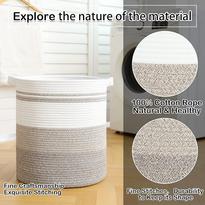 OIAHOMY 58L Laundry Baskets-Laundry Hamper, Storage Basket with Handles, Decorative Basket for Living room, Woven Storage Basket for Toys Bin, Pillows, Blankets, Clothes-18x16in-Gradient Brown | Tall Dirty Clothes Hamper with Handle,Blanket Basket,Deco...