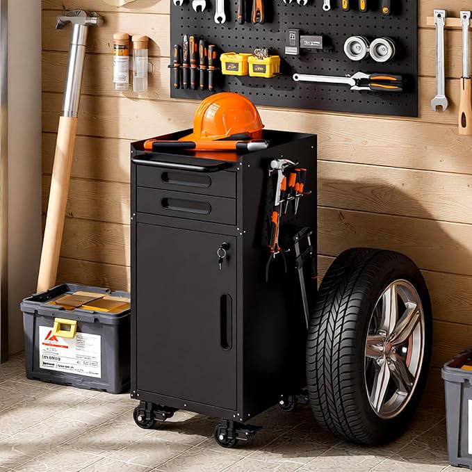 Garage Storage Cabinet,Metal Rolling Tool Cabinet with 2 Pegboard and 10 Hook,Heavy Duty Mechanics Tool Chest Storage for Workshop, Basement,Warehouse,Include Workbench Liner,Black