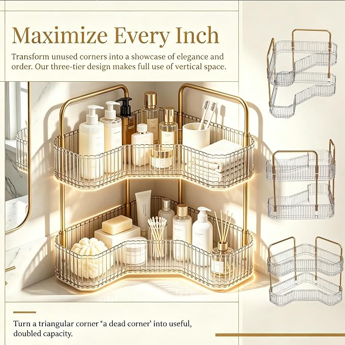 2-Tier Corner Bathroom Organizer, Skincare Vanity Counter Shelf Clear | Premium PET Perfume Display Stand with Gold Metal Rods, Space-Saving 90 Degree Storage Rack for Dresser