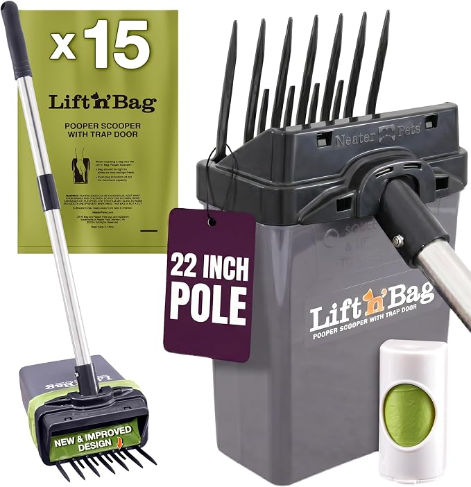 Neater Pet Brands Lift N’ Bag 2.0 Dog Pooper Scooper with Bag Attachment & 22" Pole for Small to Large Dogs, New & Improved Design, 15 Refill Bags, Heavy Duty Dog Poop Scooper for Yard, One-Hand Use